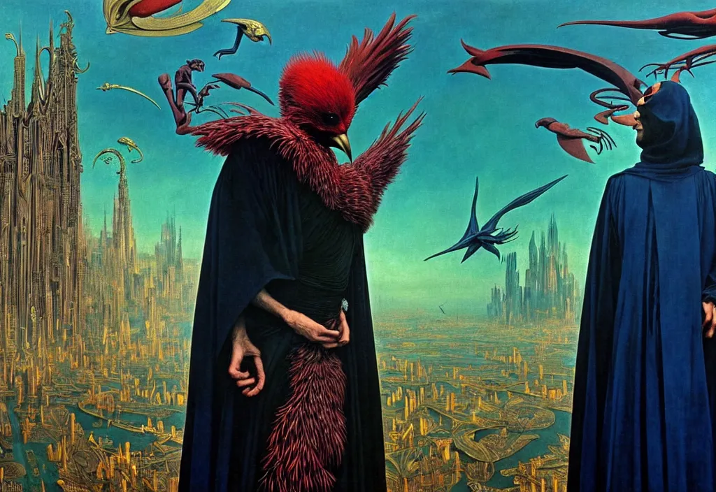Image similar to realistic detailed portrait movie shot of a creaming birdman wearing black robes, sci fi city landscape background by denis villeneuve, amano, yves tanguy, alphonse mucha, ernst haeckel, max ernst, roger dean, masterpiece, rich moody colours, blue eyes