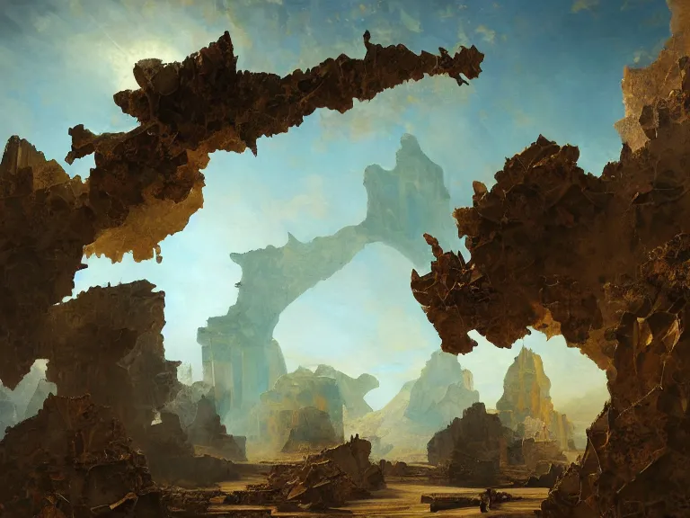 Image similar to an oil painting of a cracked plane on an alien planet and a large fractal cube by carl spitzweg and tuomas korpi. baroque elements, full-length view. baroque element. intricate artwork by caravaggio. Trending on artstation. 8k