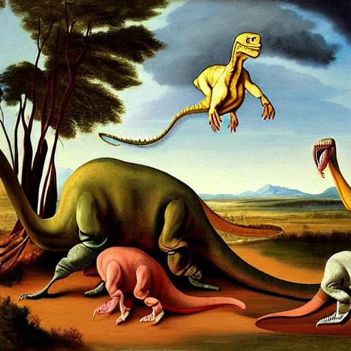 Prompt: the painting Creation of Adam with two dinosaurs instead of two people