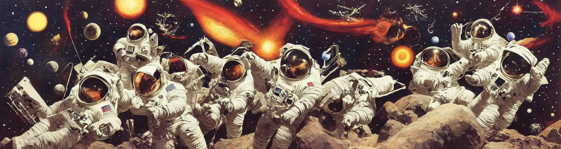 Image similar to astronauts playing music in the space by frank frazetta