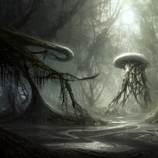 Prompt: an epic silicon world with giant silicon trees with crystal branches and large silicon prehistoric life forms, by wlop, by luis royo, by peter mohrbacher, intricate, masterpiece, elegant, super detailed, unreal engine rendering, concept art, smooth, hard focus, sharp focus illustration, artstation hq