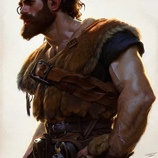 Image similar to portrait of a young rugged ranger, muscular, upper body, hairy thighs, D&D, fantasy, intricate, cinematic lighting, highly detailed, digital painting, artstation, concept art, smooth, sharp focus, illustration, art by Artgerm and Greg Rutkowski and Alphonse Mucha