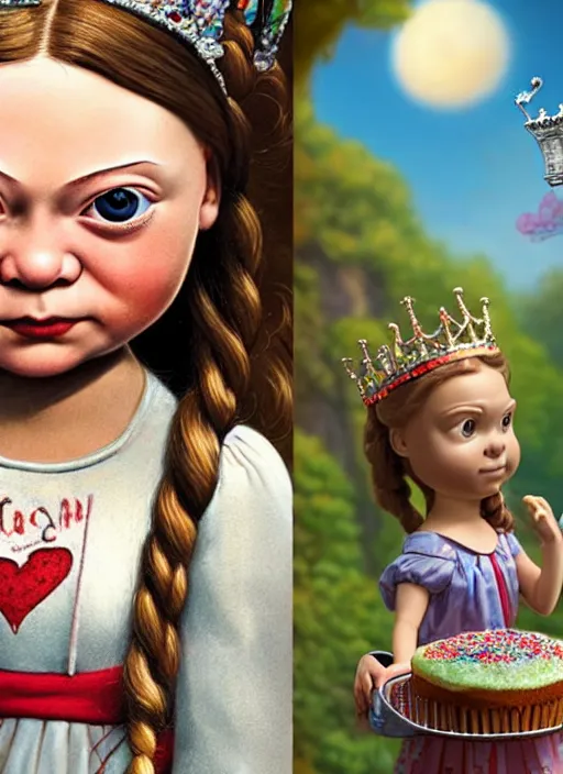 Image similar to highly detailed closeup, face profile portrait of greta thunberg as a tin toy fairytale princess wearing a crown eating cakes, bikini, unreal engine, nicoletta ceccoli, mark ryden, earl norem, lostfish, global illumination, detailed and intricate environment