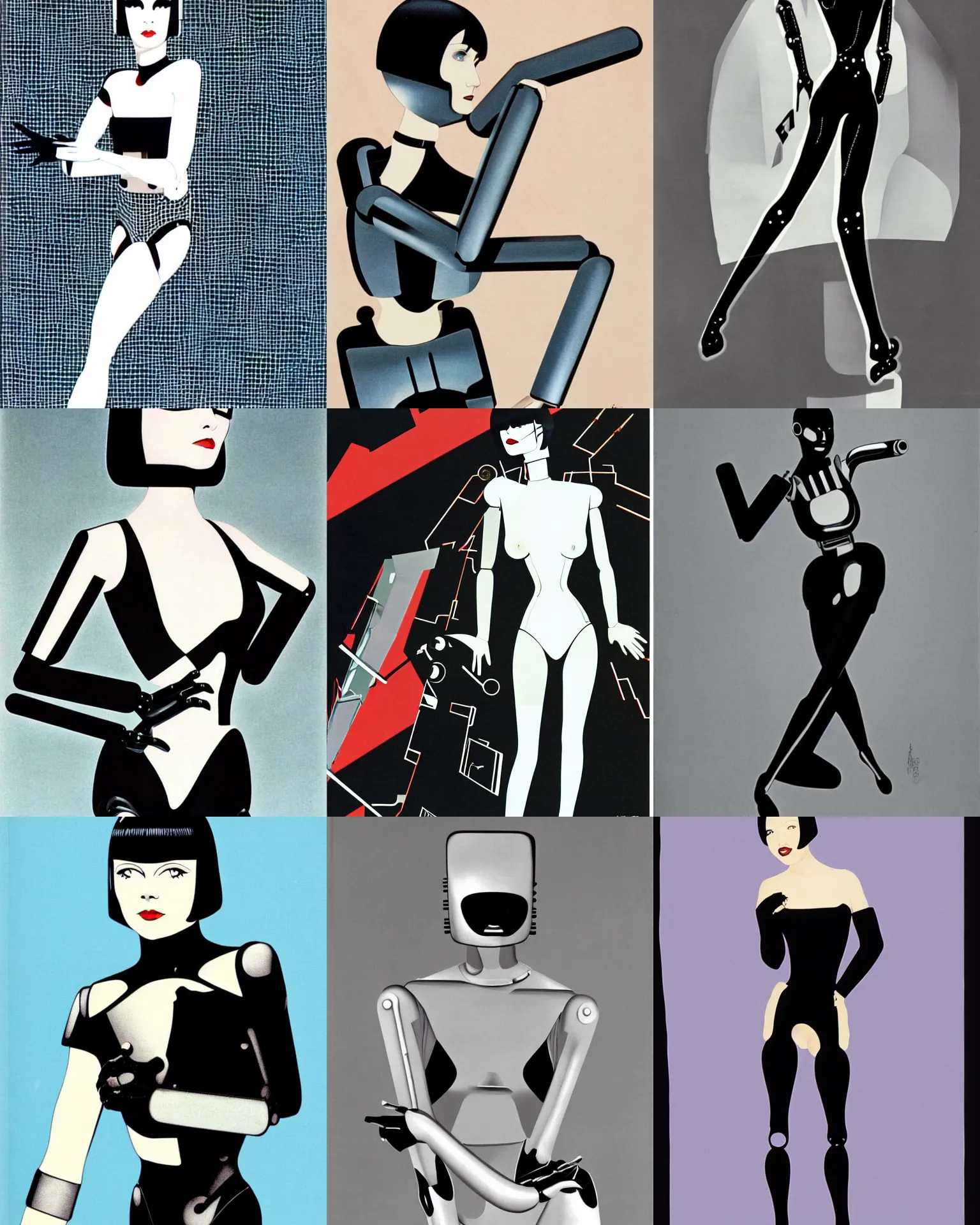 Image similar to mary louise brooks turning into a robot, half robot, 1 9 8 0 s, chrome outfit, airbrush, robot arms, black shiny bob haircut, by patrick nagel, art deco style