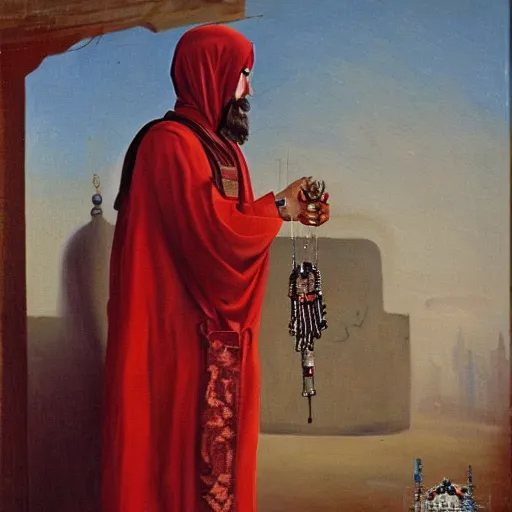 Prompt: a cyborg dressed in arab clothes, has a long beard, holds a rosary, and wears an arab abaya, oil painting