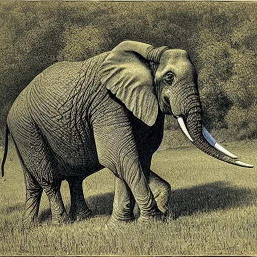 Image similar to Portrait of an elephant on a green meadow, style Franklin Booth