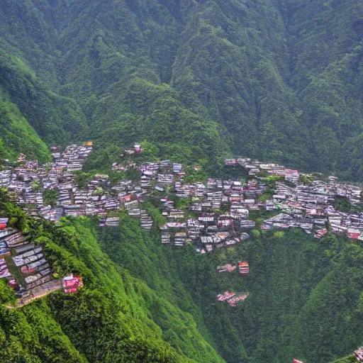 Image similar to Realistic aerial photograph of sikkim with some people moving around in India