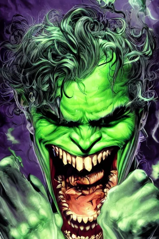 Image similar to angry joker, clenching teeth, with ghost smokes behind, green scary lights, illustration, jason fabok, jim lee, mark brooks, alex ross style, dark fantasy color scheme, cinematic, mysterious