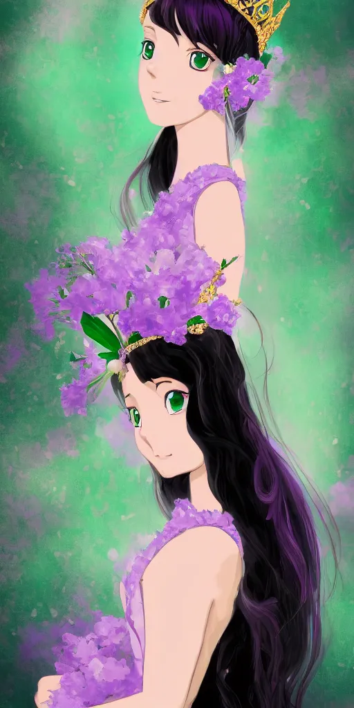 Image similar to Oil painting of a princess wearing a lavanda color dress, and a tiara with emeralds, long and straight black hair, digital art, 4k, anime style