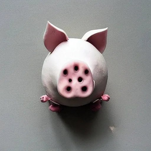 Image similar to “pig sculpture, mixed materials, pork, ikebana white flowers, white wax dripping”