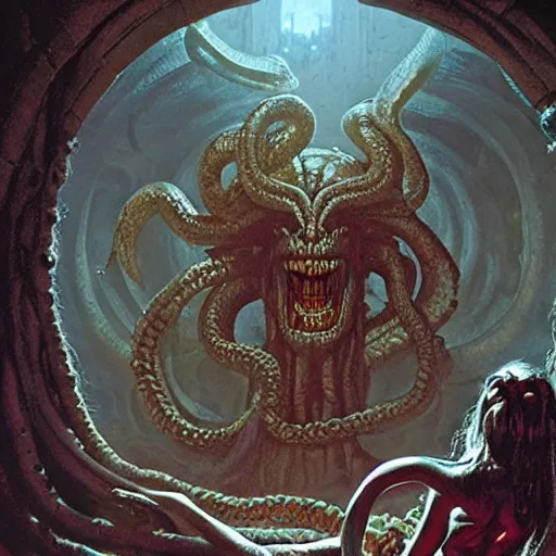 Prompt: encounter with medusa gorgon in a dungeon, d & d, fantasy, greg rutkowski, frank frazetta, alexandre chaudret, boris vallejo, michael whelan, miro petrov, hr giger, magali villeneuve, donato giancola