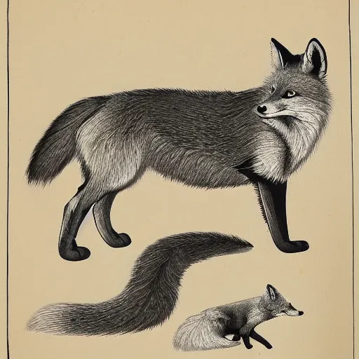 Prompt: naturalist illustration of fox with many tails