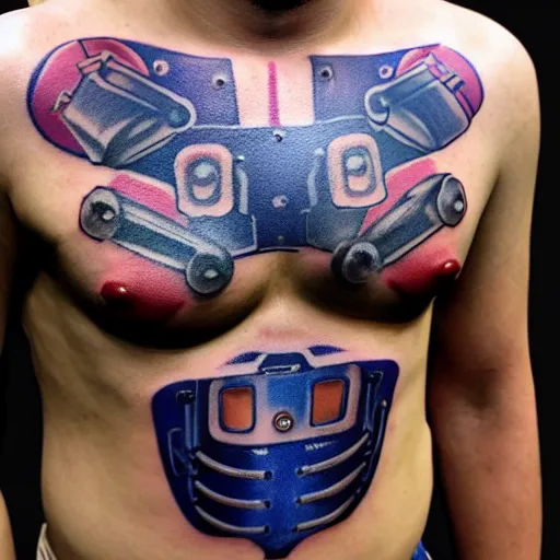 Image similar to chest tattoo of a inspection flap in the skin with a shiny blue meatallic robot mechanic inside under the skin, insanely integrate,