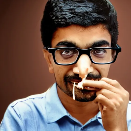 Prompt: image of a indian nerdy guy with specs eating vada