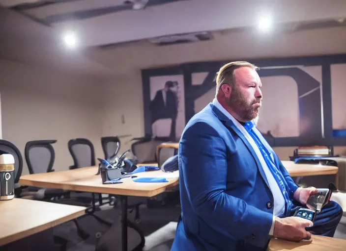 Prompt: dslr photo still of infowars host alex jones in a blue suit fat beard and mustache sitting depressed in a room filled to the ceiling with cell phones, 5 2 mm f 5. 6