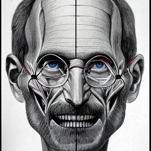 Prompt: an old anatomical drawing from a biology books showing the face of steve jobs
