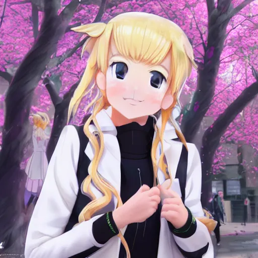 Image similar to blonde - haired princess, anime princess, wearing black jacket and white leggings, looking through crowd, town street, festival street, trees, green trees, blue lighting, blue sunshine, strong lighting, strong shadows, vivid hues, ultra - realistic, sharp details, subsurface scattering, intricate details, hd anime, 2 0 1 9 anime