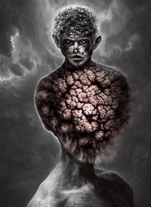 Image similar to dramatic matte portrait painting of man with black mandelbrot fractal instead of face, horror, body horror, dark art, 4 k, detailed, realistic, psychotic, insane, crazy, mental illness, dramatic,