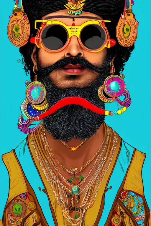 Image similar to face portrait of a rajasthani man with long neon moustache and beard and rajasthani pagdi wearing steampunk goggles and jewelry having lots of tattoos and earrings, art by butcher billy and mucha, sticker, colorful, illustration, highly detailed, simple, smooth and clean vector curves, no jagged lines, vector art, smooth