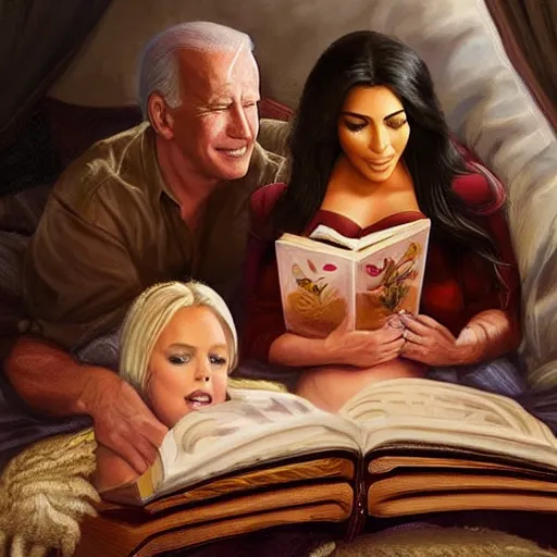 Prompt: portrait of kim kardashian reading a bedtime story to joe biden in bed, an oil painting by ross tran and thomas kincade