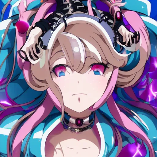 Prompt: stunningly beautiful omnipotent megalomaniacal anime goddess who looks like junko enoshima with symmetrical perfect face and porcelain skin, pink twintail hair and mesmerizing cyan eyes, looking down upon the viewer and taking control, mid view from below her feet, hyperdetailed, 2 d anime, 8 k