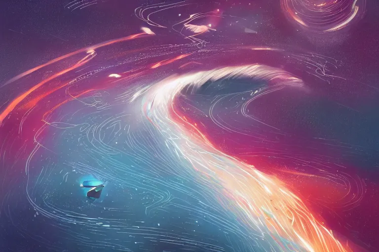 Image similar to an impression of data lines flowing in space, light spots flowing alongside the lines, implying the flow of ever long connection, trending on artstation, flowing within an interstater clouts!, making it's way across the vast universe, by cyril rolando, a person looking onwards from a planets surface