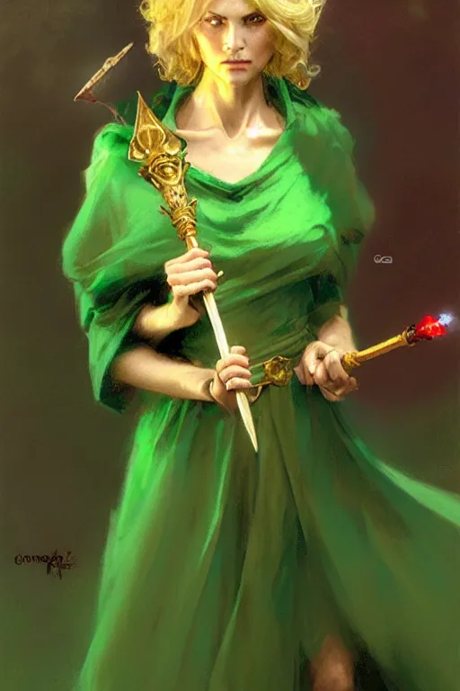 Image similar to blonde female wizard in a green dress, holding a magical sceptre, and wearing a gold ring portrait dnd, painting by gaston bussiere, craig mullins, greg rutkowski, yoji shinkawa