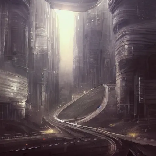 Image similar to futuristic underground polluted dystopian totalitarian regime concrete megacity, depressing, artstation