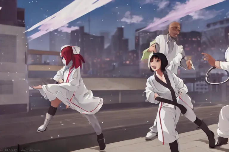 Prompt: a cute young female ninja nurse wearing white coat is attacking an old custodian on a harlem rooftop, lighting, anime scenery by Makoto shinkai