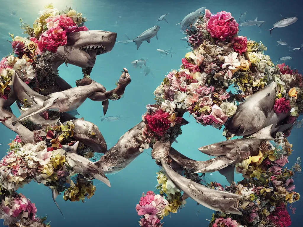 Prompt: a sculpture of ocean shark intertwined, a lovely cornucopia of flowers and human body parts, body parts, highly detailed, octane render, cinematic, shock, sharp focus