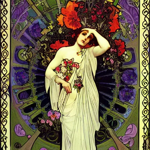 Image similar to persephone as goddess of death and flowers, evil, painted by alphonse mucha