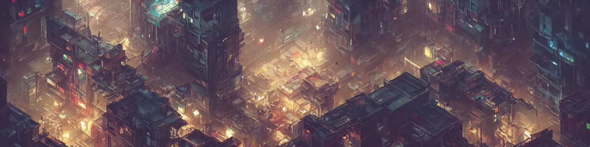 Prompt: an isometric cyberpunk slum, bright lights, by greg rutkowski and games gurney, trending on artstation