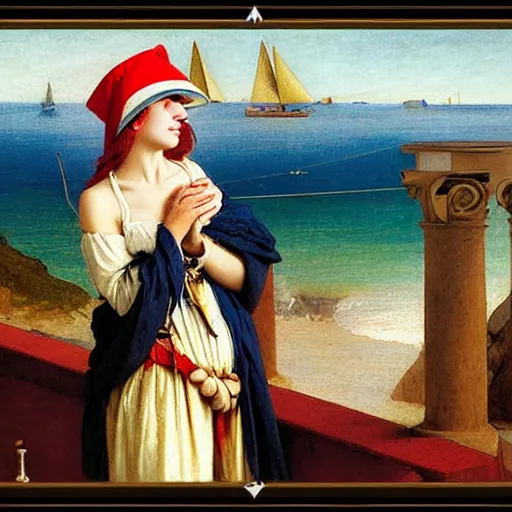 Image similar to A girl with jester hat and clothes on a greek archi circle on the front of a Balustrade with a beach and a sail boat on the background, major arcana cards, by paul delaroche, hyperrealistic 8k, very detailed