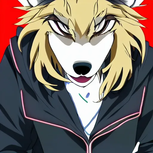 Image similar to key anime visual portrait of an anthropomorphic anthro wolf fursona, in a jacket, with handsome eyes, official modern anime art