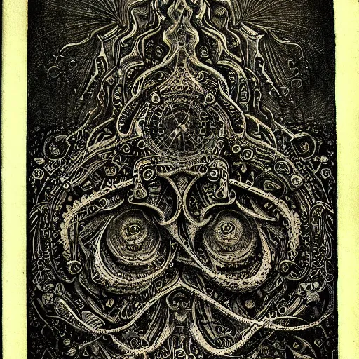 Prompt: an old book with an intricate design on it, a detailed painting by h. p. lovecraft, deviantart, gothic art, lovecraftian, apocalypse art, fractalism