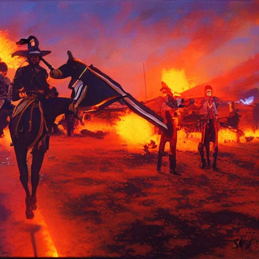 Image similar to the battle of the little bighorn. trending on artstation, 4 k, ( ( cyberpunk ) ), oil on canvas, artstation, dramatic warm color, dramatic lighting, masamune shirow syd mead.