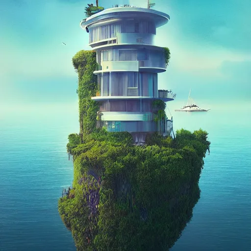 Image similar to A beautiful private futuristic overgrown tiny island high rise mansion rising from a wavy lake, an ornate mini-yacht offshore, by beeple and stalenhag and Lee madgwick and Phil straub, trending on artstation