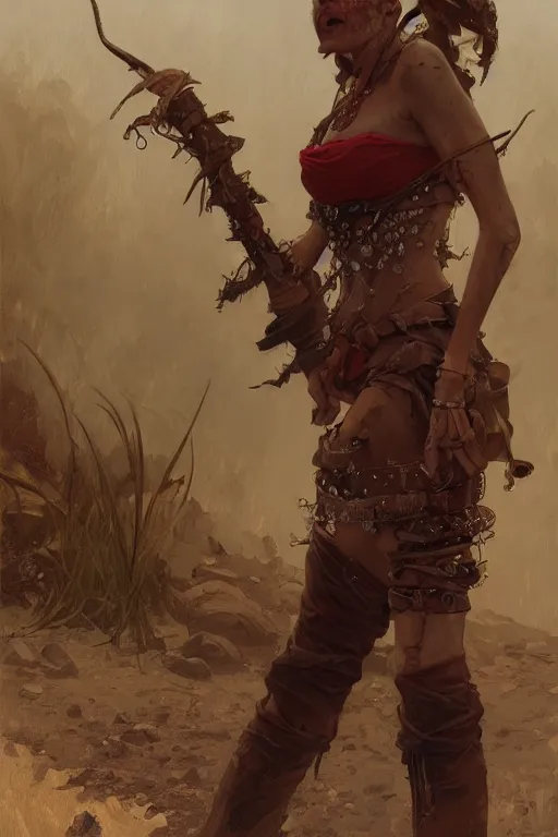 Image similar to a full body portrait of a beautiful post apocalyptic offworld slavers district bedouin blind pulp fiction scarlet wild rogue barbarian leper begging by the roadside, intricate, elegant, highly detailed, digital painting, artstation, concept art, smooth, sharp focus, illustration, art by krenz cushart and artem demura and alphonse mucha