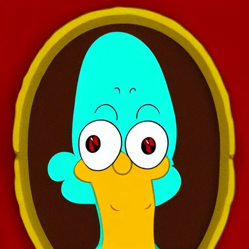 Image similar to handsome squidward, male portrait, colorful, cartoon style