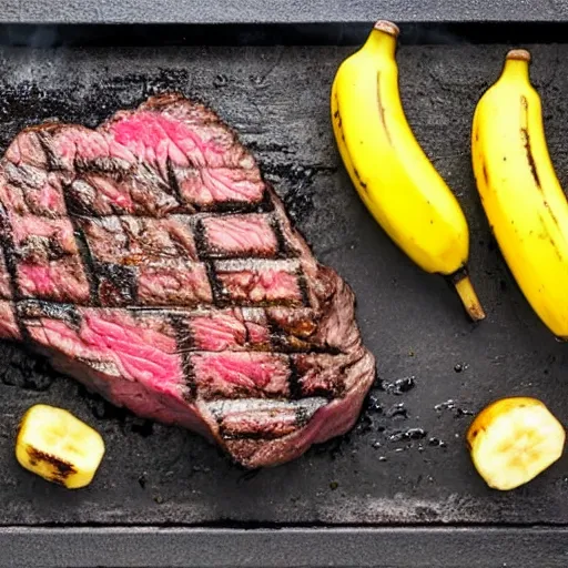 Prompt: a steak cooking on a charcoal grill, steak looks like banana