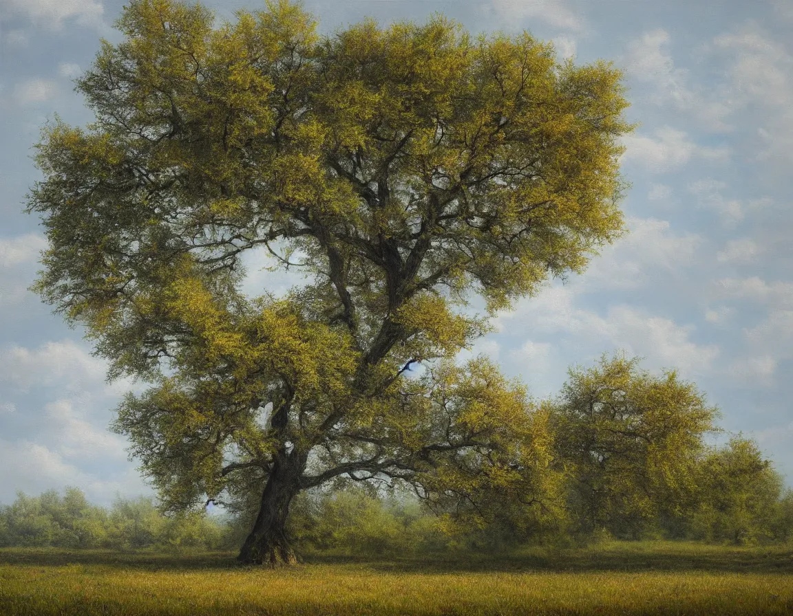 Image similar to hyper realistic oil painting of lonely oak tree, hd, hdr, by stanisław wyspianski, ultra detailed, high resolution