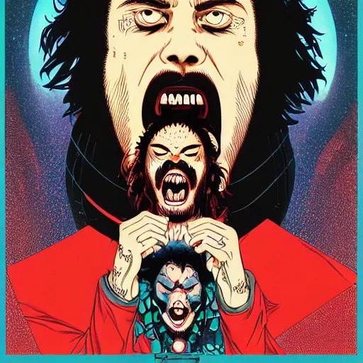 Image similar to portrait of crazy screaming post malone with red eyes like hal 9 0 0 0, as vampire, symmetrical, by yoichi hatakenaka, masamune shirow, josan gonzales and dan mumford, ayami kojima, takato yamamoto, barclay shaw, karol bak, yukito kishiro