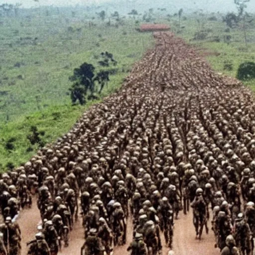 Image similar to film still, French Military convoy in 1994 Rwanda génocide