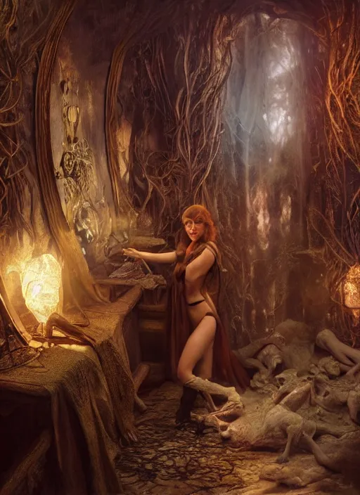 Image similar to inside covens den, diffuse lighting, fantasy epic effects, hdrp smoke, intricate facial detailing, highly detailed scenery, lifelike, photorealistic, sharp focus, digital painting, artstation, unreal 5, concept art, smooth, art by john collier and albert aublet and krenz cushart and artem demura and alphonse mucha