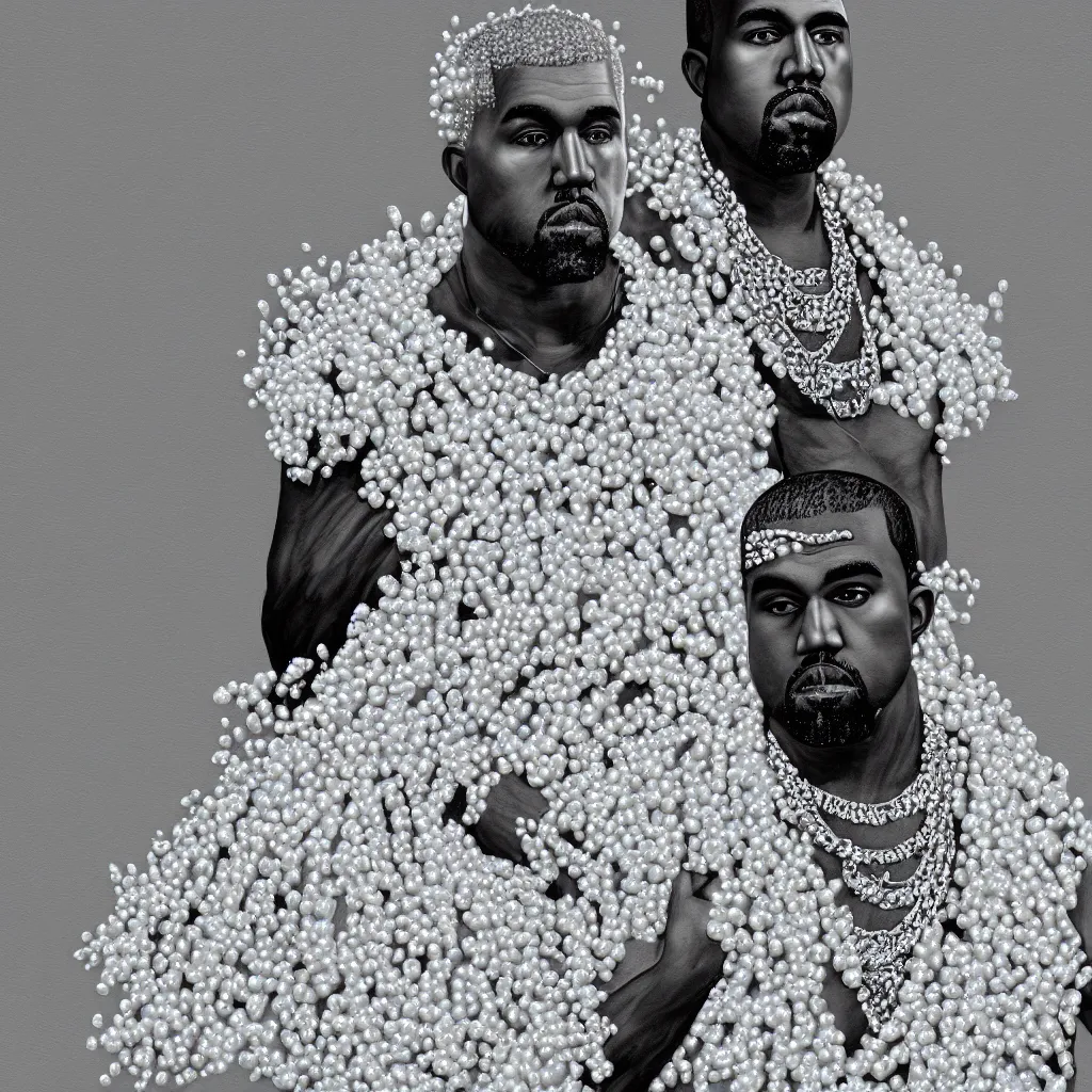 Prompt: kanye west with a decorated dress made of white pearls and white plumes of swan highly detailed digital _ painting