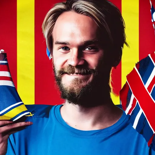 Prompt: Swedish propaganda poster of PewDiePie with the flag of Sweden in the background