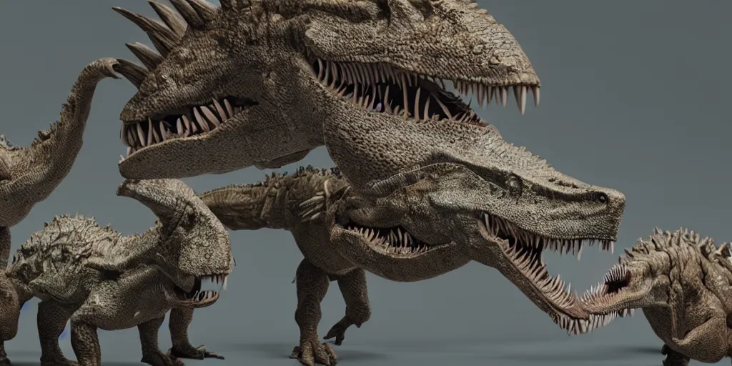 Image similar to extremely detailed award winning 3D octane render of cyborg dinosaurs in a lab