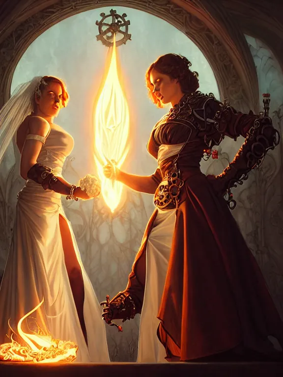 Prompt: lesbian wedding between evil pyromancer and necromancer, steampunk, unholy, white church background, detailed face, sharp focus, highly detailed, cinematic lighting, studio quality, colorful, smooth render, unreal engine 5 rendered, octane, rendered, by artgerm, greg rutkowski, alphonse mucha