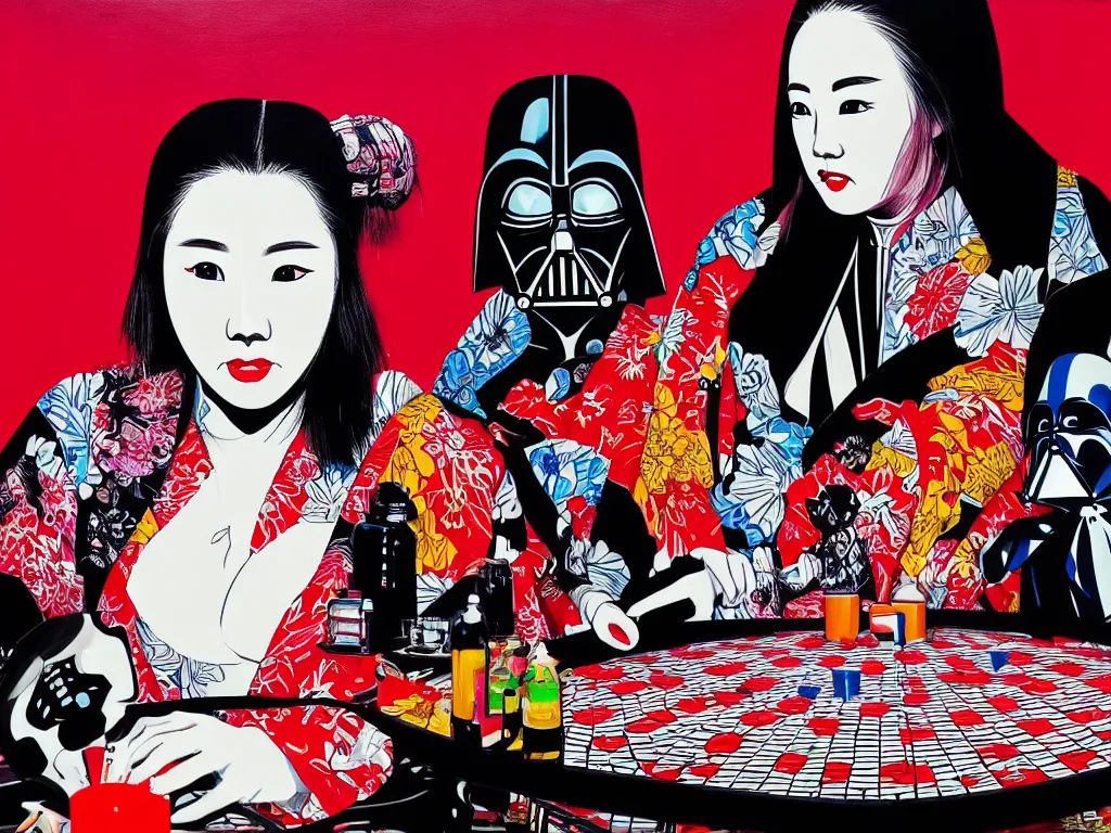 Image similar to hyperrealism composition of the detailed woman in a japanese kimono sitting at an extremely detailed poker table with darth vader, terminator, fireworks on the background, pop - art style, jacky tsai style, andy warhol style, acrylic on canvas