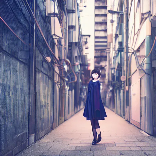 Image similar to a perfect 8K HD professional photo of japanese girl posing, wearing dress in sci-fi dystopian alleyway, at instagram, Adobe Lightroom, taken with kodak portra